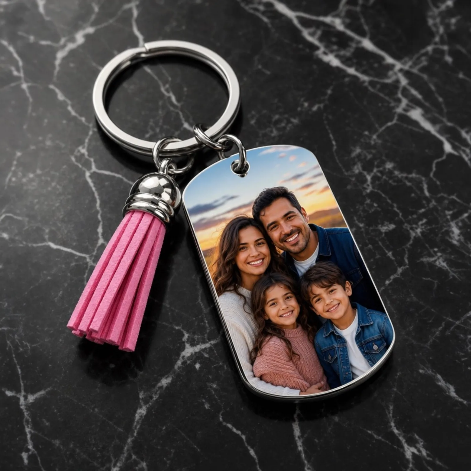 Porte-clés photo en bois avec impression recto-verso, proposé comme cadeau d’invité